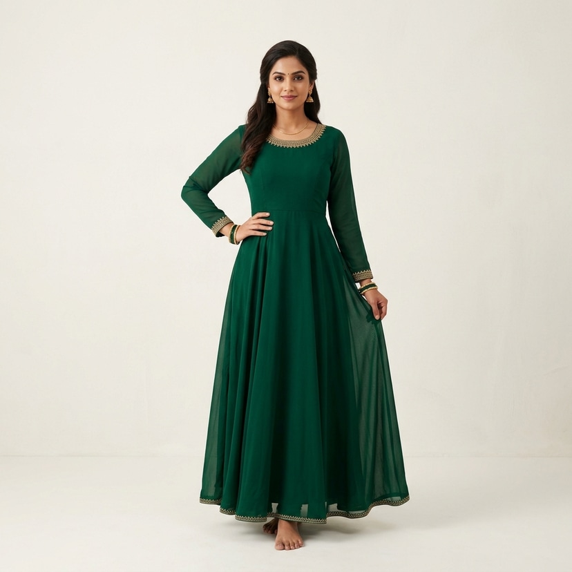 Model wearing a flared Anarkali kurti generated by E-Degin AI